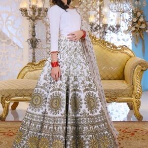 Elegant White and Gold Embroidered Lehenga